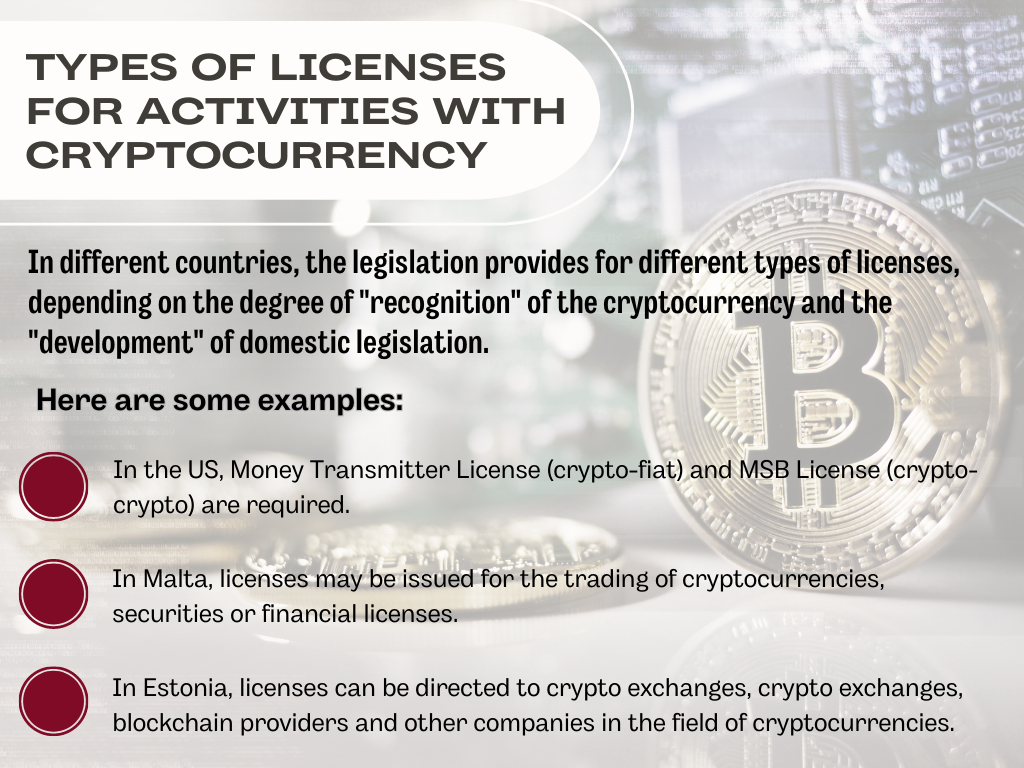 Types of licenses for activities with cryptocurrency
